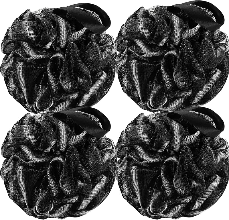 DadyMart Bath Shower Loofah Sponge 60g Bath Mesh Pouf Shower Ball Body Scrubber Exfoliating Bath Sponge for Women and Men, Set of 4, Black