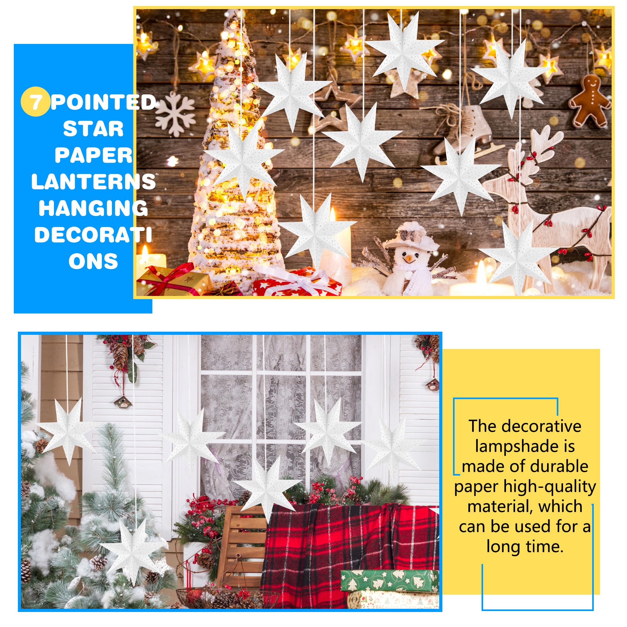 12-Pack Christmas Paper Star Lanterns – 7-Pointed, 4 Sizes (10” To 18”), White 3D Hanging Stars For Holiday, Wedding, Party Decor