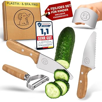 Eli  Children's Knife   Child-Safe High-Quality 4-Piece Children's Kitchen Knife Set Including Finger Protection   Peeler   Stainless Steel   Beech Wood Handles   Cutting Knife