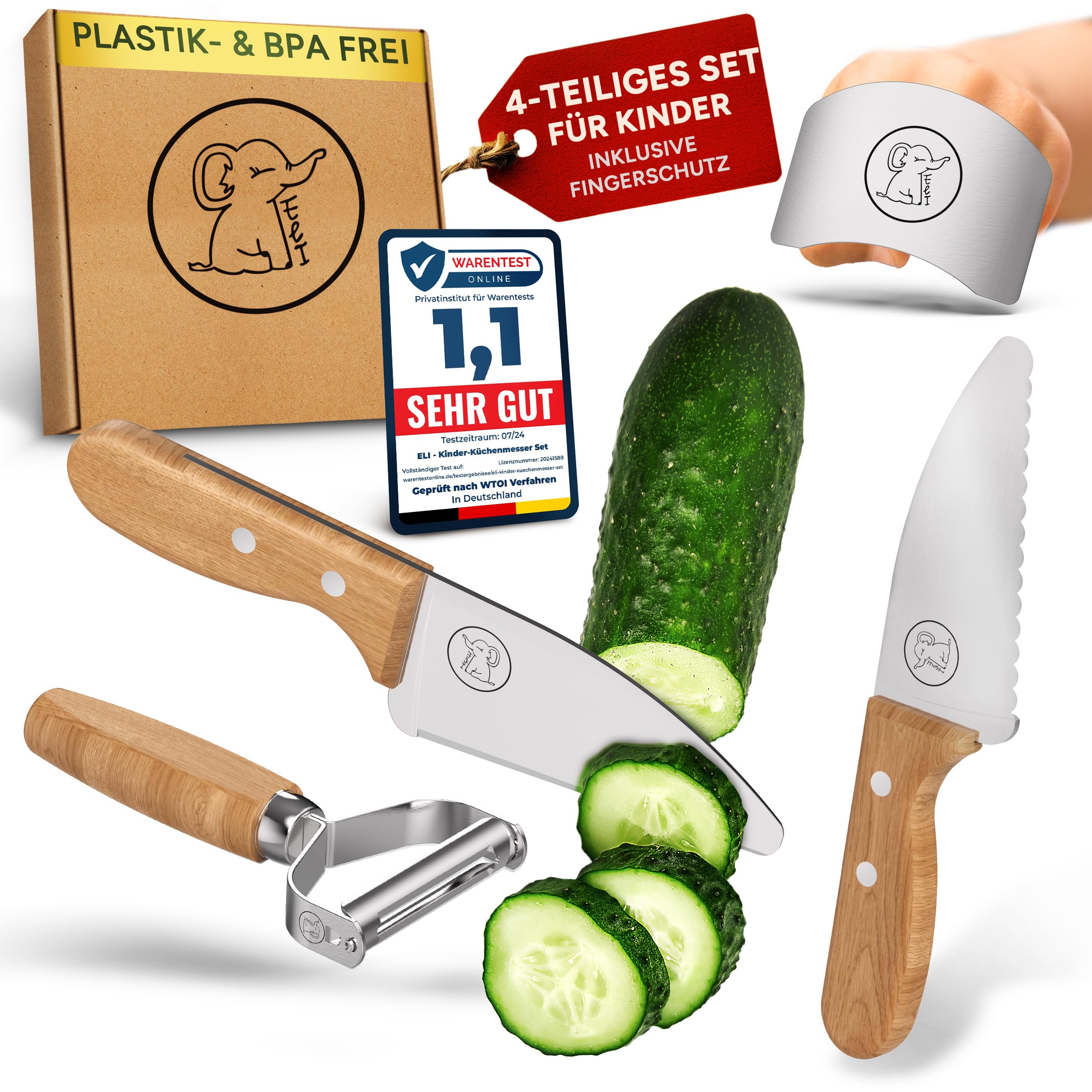 Eli® Kindermesser - kindersicheres hochwertiges 4 teiliges Kinder Küchenmesser Set inkl. Fingerschutz - Sparschäler - rostfreier Edelstahl - Griffe aus Buchenholz - Schneidemesser