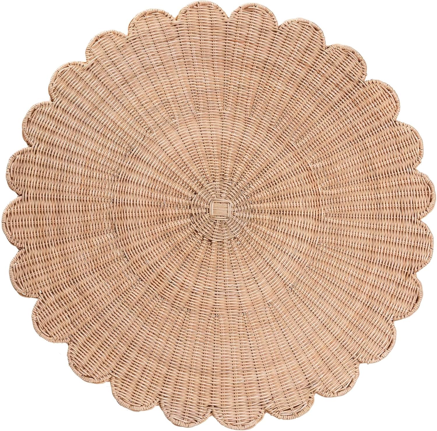 Bali & pari Kensley Natural Rattan Coffee Table – Handwoven Wicker Round Accent Table with Scalloped Silhouette, Boho Coastal Style Decor for Living Rooms or Lounges