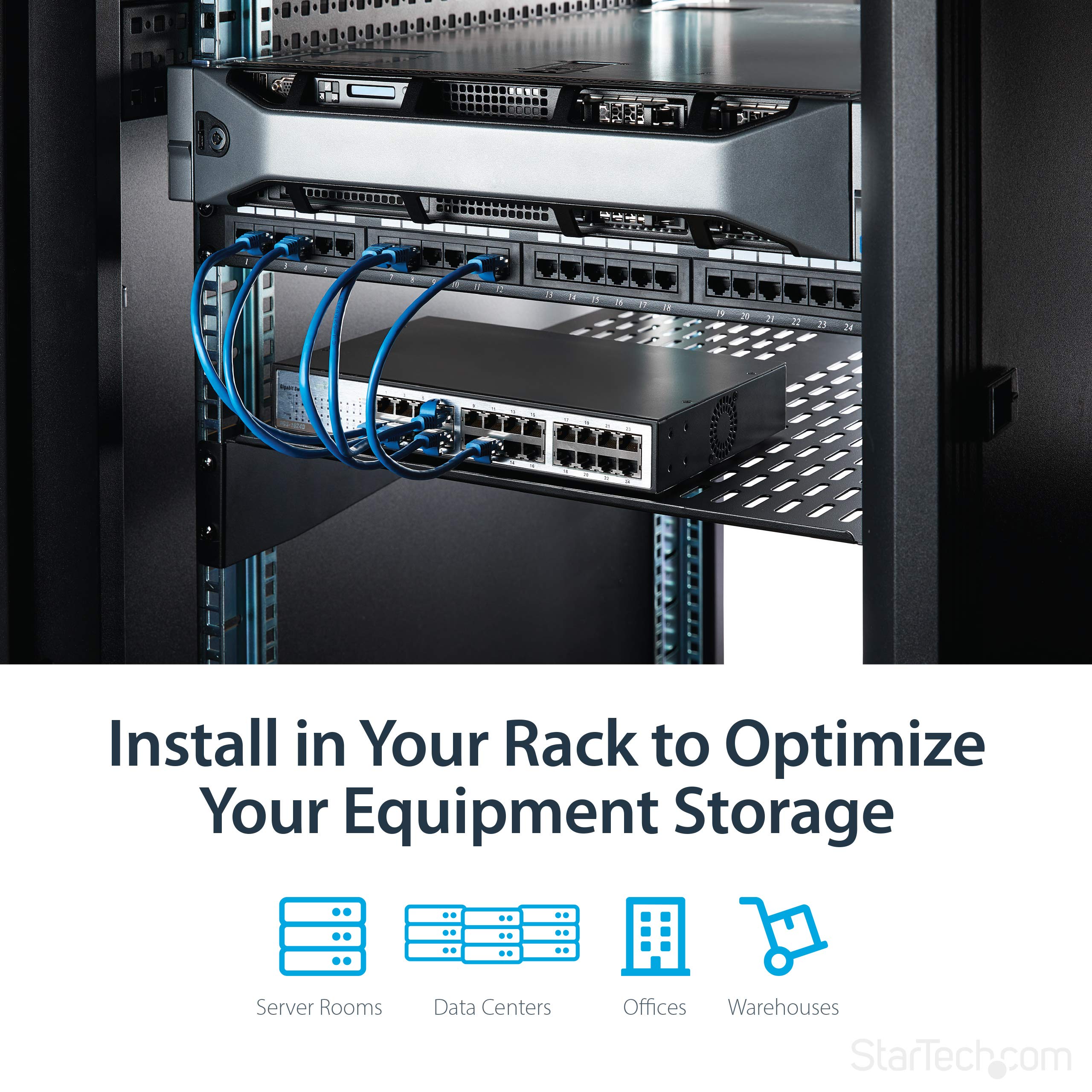 'StarTech. com Ripiano per armadio server rack universale montaggio 2U 22 in profondità fissa – 22 kg – Accessorio per rack (Nero, 22,6 kg, 55,88 cm (22), 48,27 cm, 56 cm, 8,8 cm