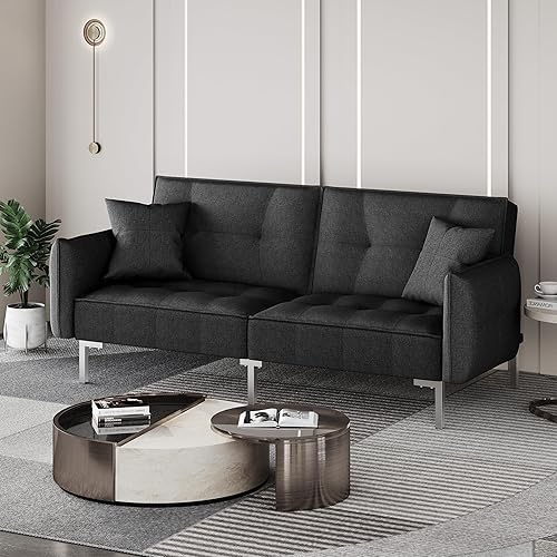 Miniatura 2 de Yaheetech Sofá futón convertible con reposabrazos, sofá reclinable para el hogar, muebles de sala de estar, tela de lino, color negro