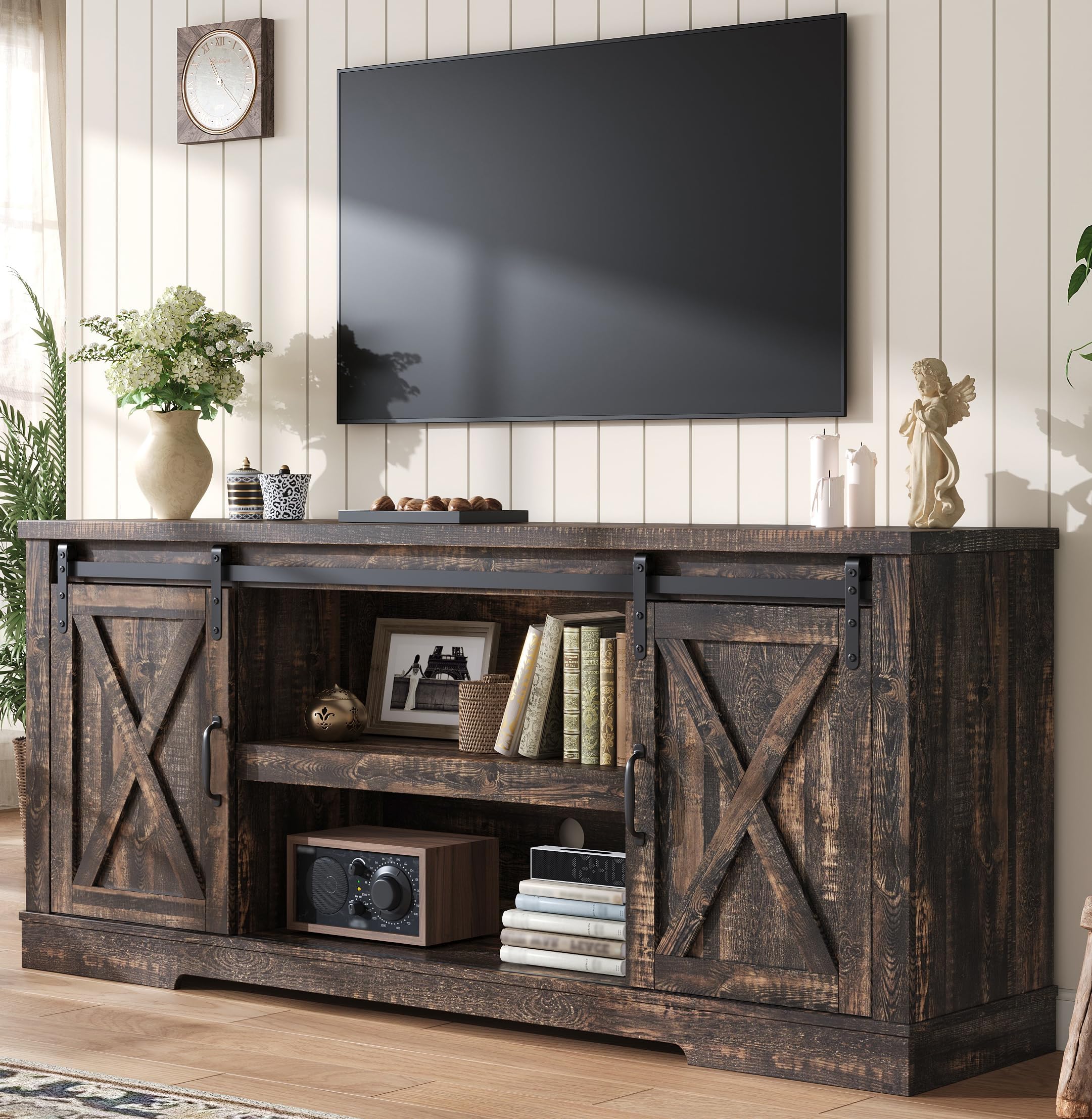 - AMERLIFE 66" Farmhouse TV Stand for 75 Inches TVs, Entertainment Center with Sliding Barn Door and Adjustable Shelf & Feet, Console Table with Storage, Dark Rustic Oak