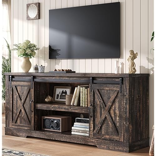 AMERLIFE 66" Farmhouse TV Stand for 75 Inches TVs, Entertainment Center with Sliding Barn Door and Adjustable Shelf & Feet, Console Table with Storage, Dark Rustic Oak