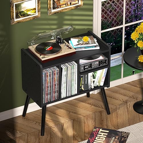 Miniatura 4 de Mesa para tocadiscos, soporte para tocadiscos de mediados de siglo con almacenamiento para vinilos con capacidad para más de 150 álbumes, gabinete
