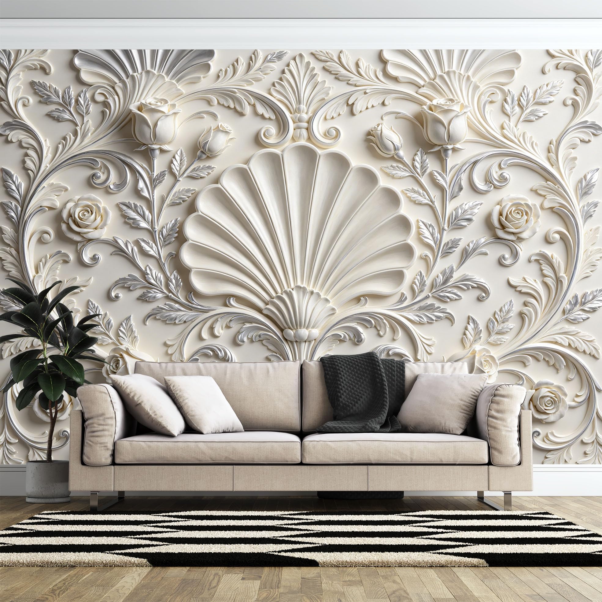 Carta Da Parati Fotografica In Tessuto Non Tessuto con Motivo Floreale Elegante Stile Palazzo Europeo Classico Di Lusso 500×350 cm (Lxa) Grande Ornamento A Ventaglio con Conchiglie Rivestimento Mur