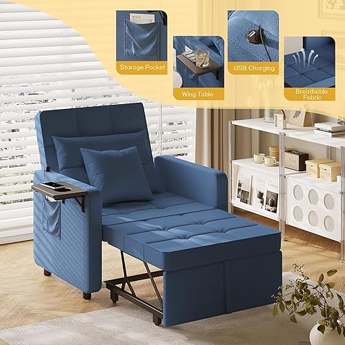 Vista 20 de Vabches Sofá cama 3 en 1 con mesa de ala y puertos USB, silla de terciopelo con respaldo ajustable, fácil montaje, azul