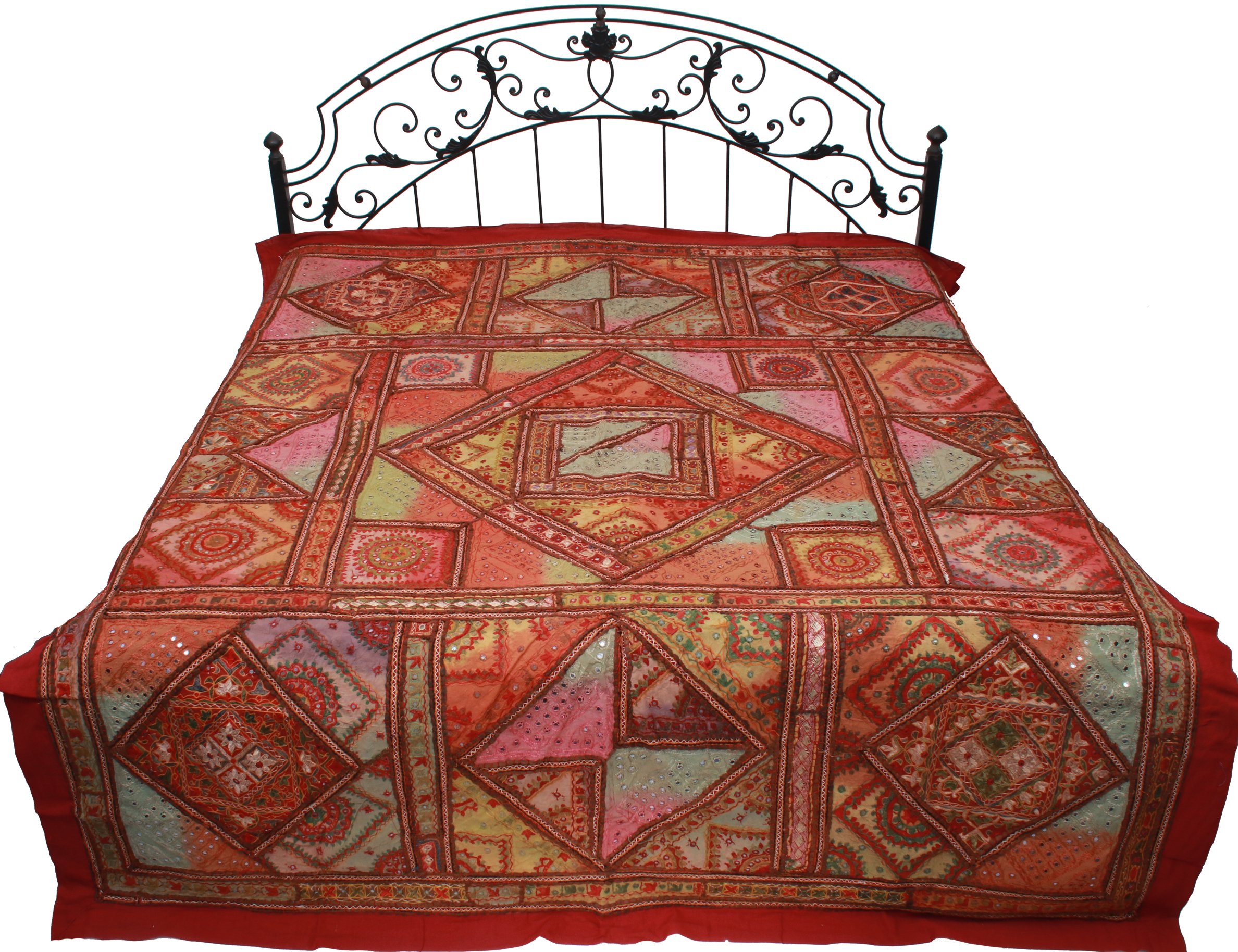 Exotic India Garnet-Rose Bedspread from Gujarat with Ari-Embroidered Bootis and Mirrors All Over - P-image-21