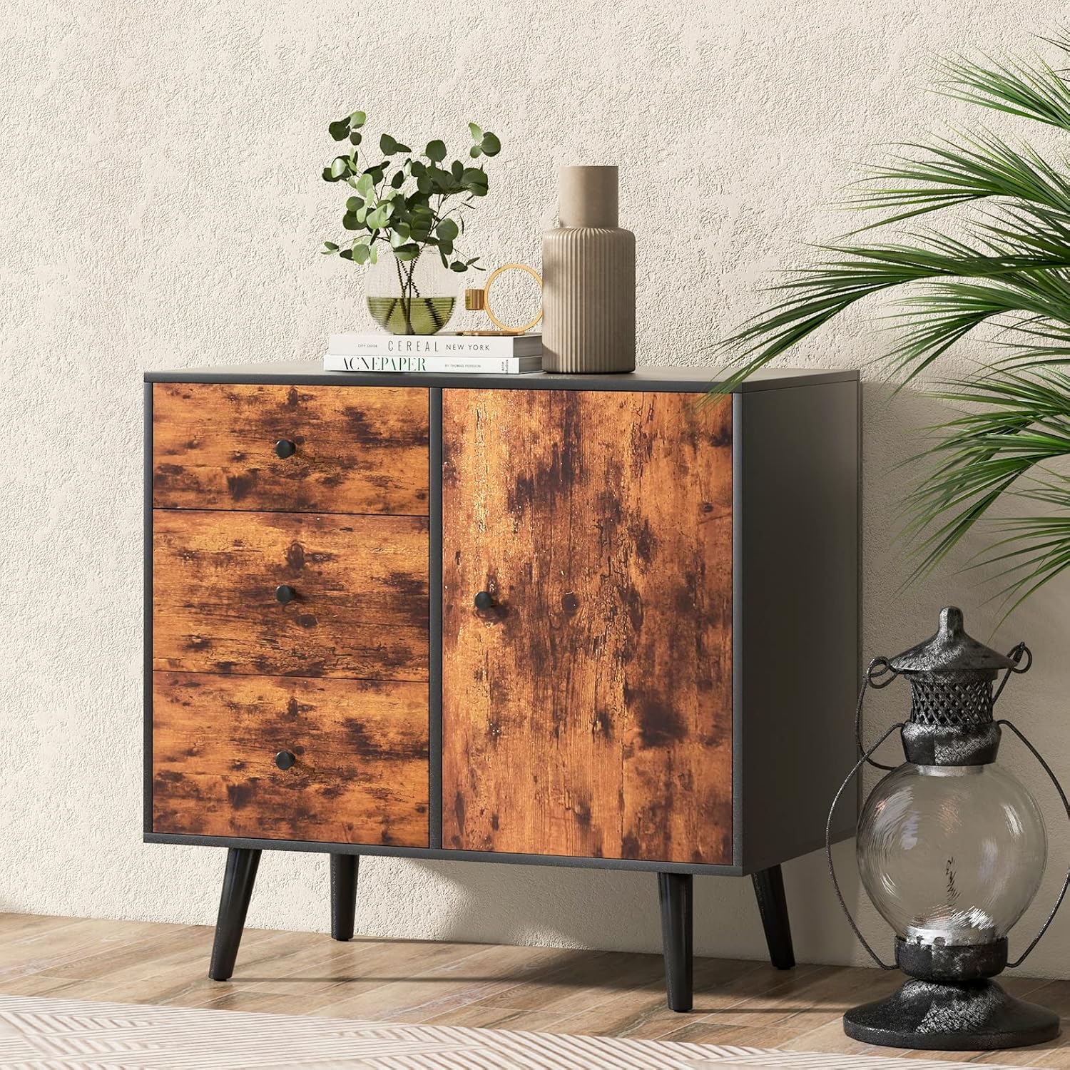 GOFLAME Storage Cabinet with Door & 3 Drawers, Mid-Century Floor Cabinet with Adjustable Shelf, Wooden Buffet Table Sideboard, Multipurpose Storage Organizer for Living Room, Dining Room, Rustic Brown
