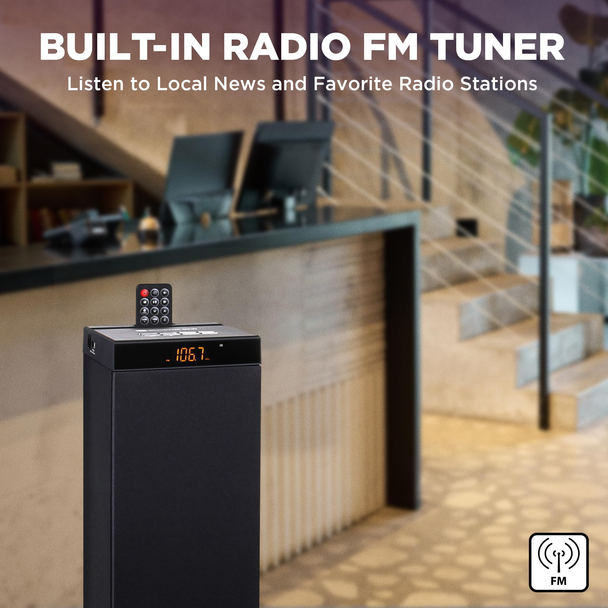 GOgroove Enceinte Tour Bluetooth avec Caisson de Basses Integre, Colonne 120W Puissance Max, Double Haut-Parleur, USB 2.0, AUX 3,5 mm, MP3, Radio FM (Noir)