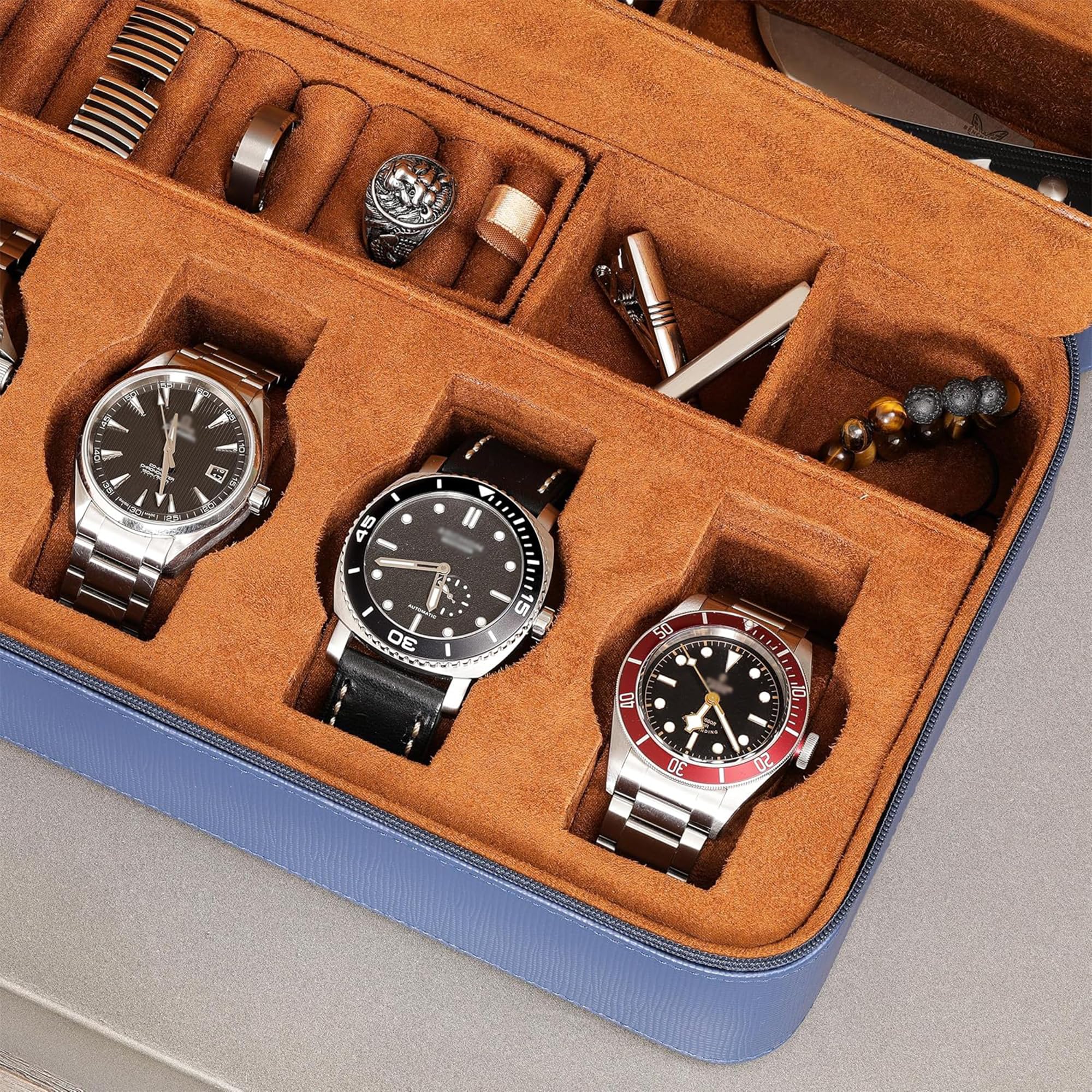 ROTHWELL Étui de voyage pour 8 montres, lunettes de soleil, bagues et boutons de manchette | Protection portable robuste avec fermeture éclair – S’adapte à la plupart des montres