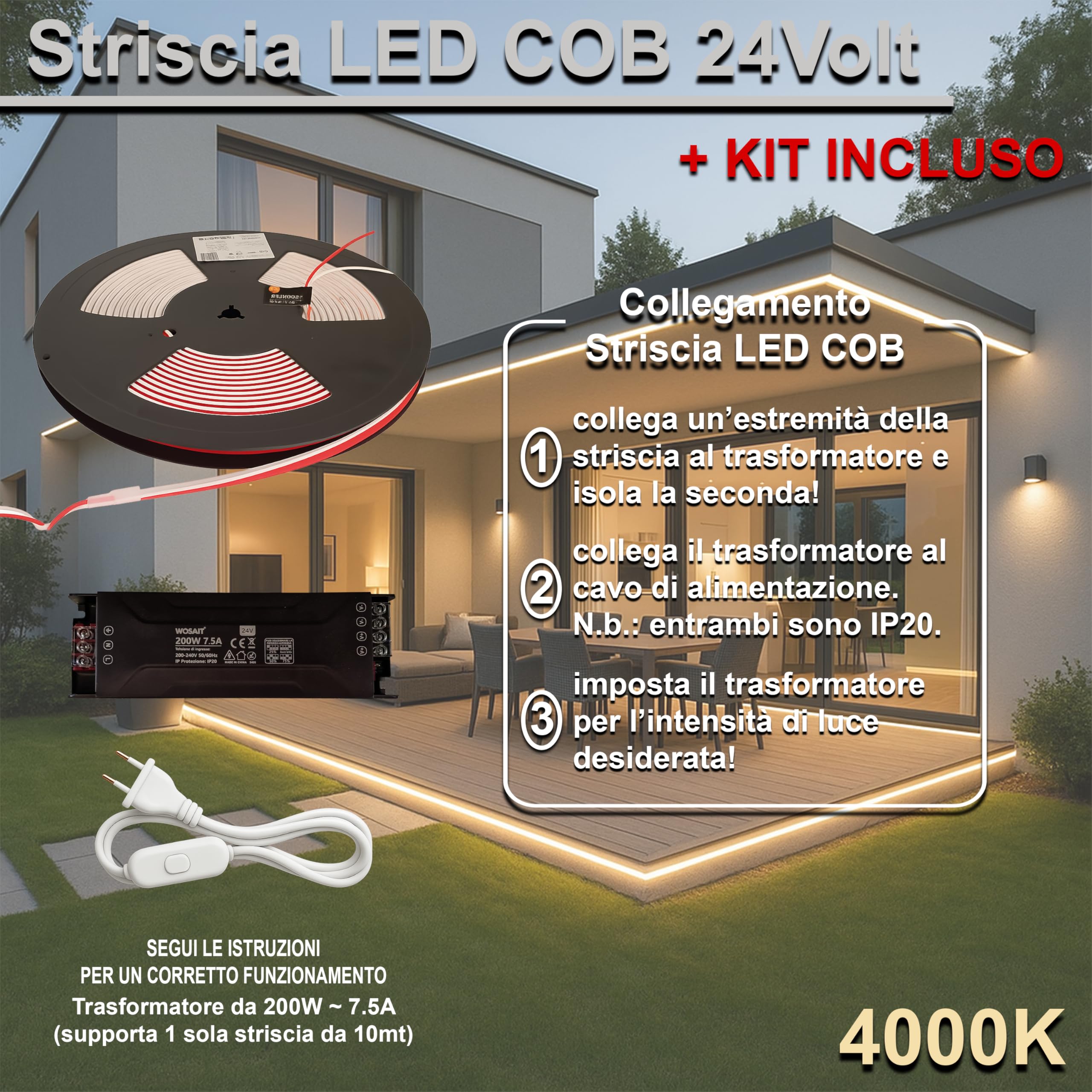 MAKA Striscia Led Cob Adesiva 10 metri, Striscia LED Esterno 24V Alta Luminosità, 280 Luci al Metro - Ip68 Impermeabile - 15W/m, Luci Led Camera da Letto (Con trasformatore, Luce naturale (4000K))