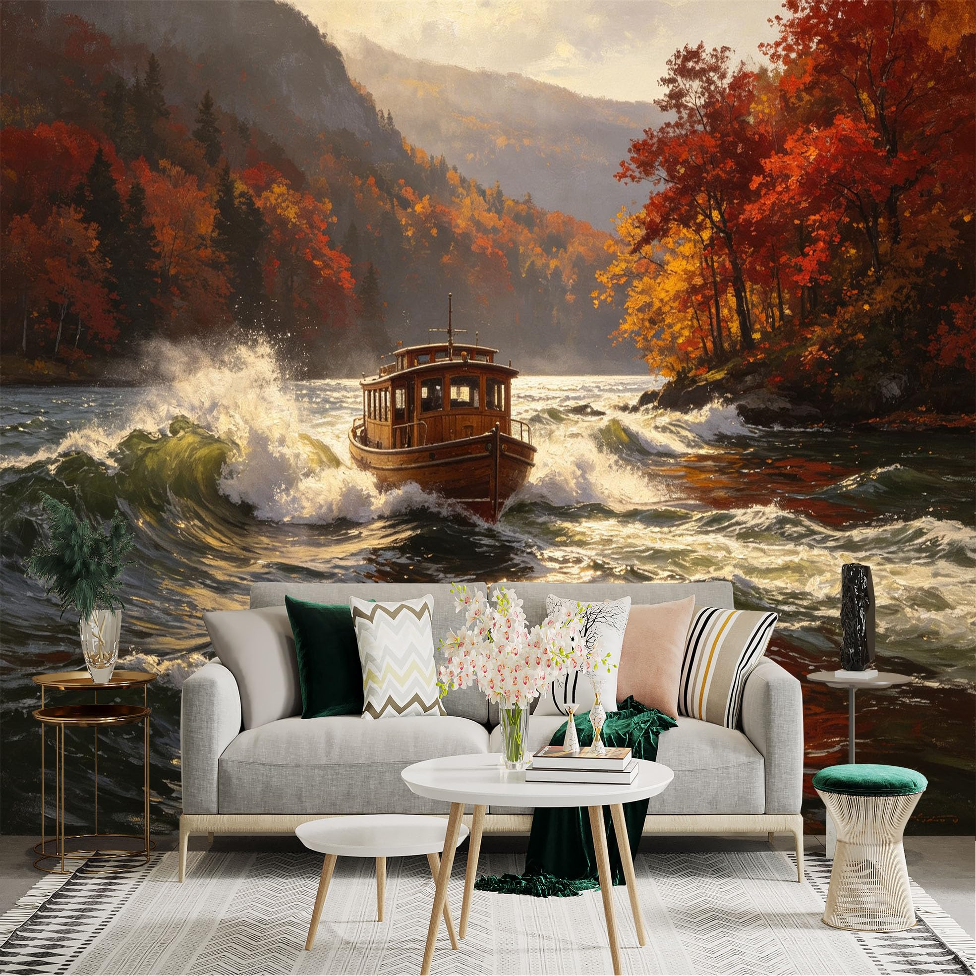 Custom Size Wall Sticker Mural， Wooden Boat on Rushing River， Autumn Forest Scenery， Vibrant Fall Foliage， for wall Decoration， peelandstick wall Decals.