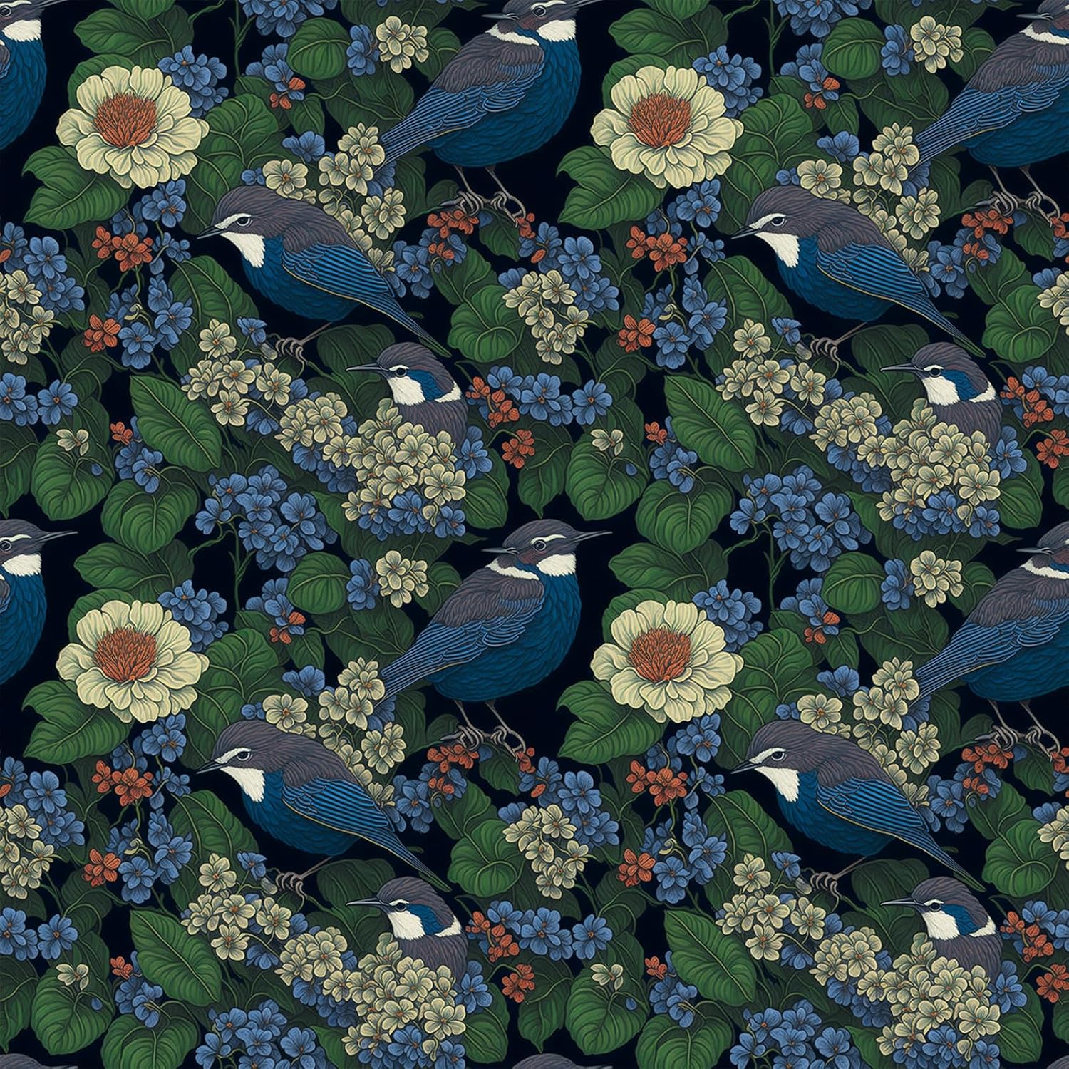 VEELIKE Black Tit Bird Wallpaper Peel and Stick Vintage Floral Wallpaper 17.7''x354'' Removable Boho Floral Wall Paper for Bedroom Bathroom Accent Wall Self Adhesive Contact Paper for Cabinets Drawers