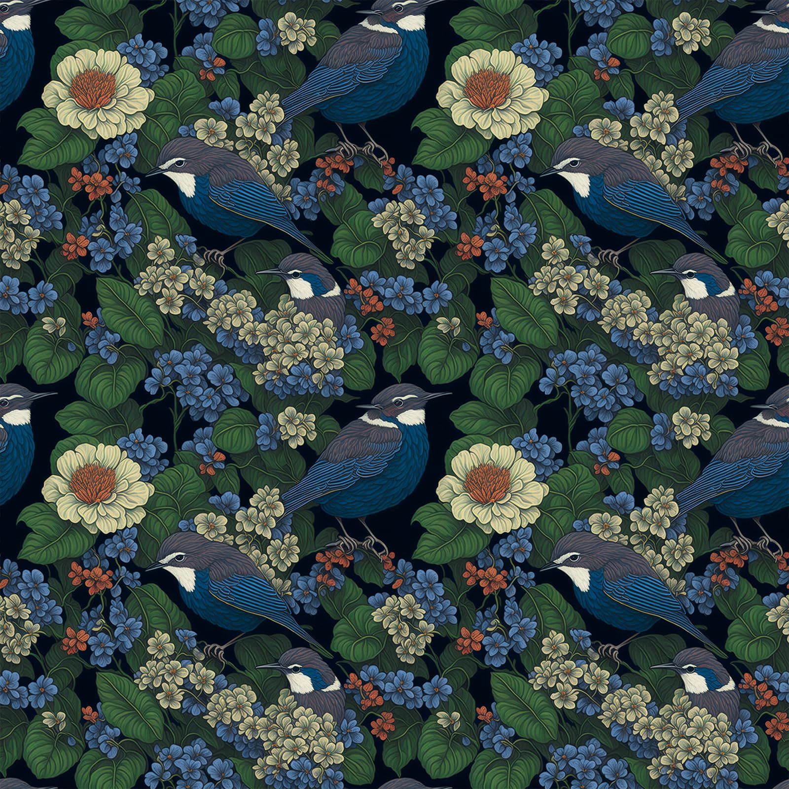 Papier peint oiseaux et fleurs foncé adhésif et repositionnable