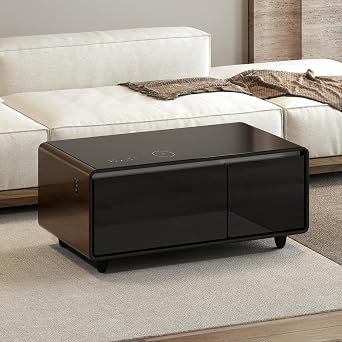 41.54" L Modern Smart Coffee Table with Built-in Fridge and Freezer Drawers, Bluetooth Speaker, Wireless Charging, Touch Control Panel, USB Interface, Outlet Protection, Atmosphere Light, Brown