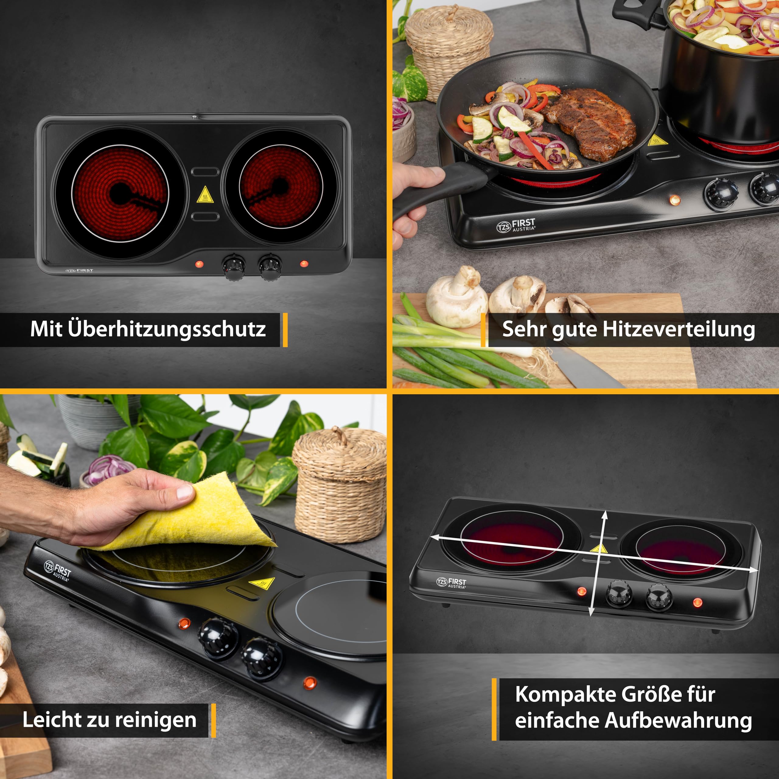 TZS First Austria - Kochplatte Infrarot 2er Glaskeramik-Herdplatte ALLE Topfarten 2000W - Doppelkochplatte Kochfeld elektrisch für Umzug, Camping & Wohnung - Stufenlose Einstellung & Kontrollleuchte