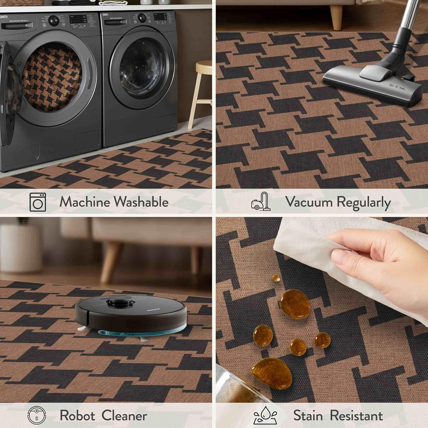 Modern Easy Jute 3x5 Patio Rug, Black and Brown Checkered Washable Entryway Rug, Non Slip Indoor Outdoor Door Mat Throw Carpet for Entry Porch Balcony Mudroom Foyer Living Room Bedroom Decor