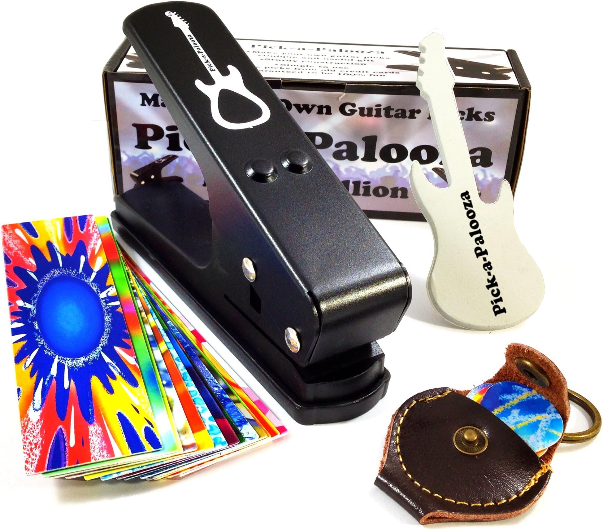 Pick-a-Palooza DIY Guitar Pick Punch Mega Gift Pack - the Premium Pick Maker - Leather Key Chain Pick Holder, 15 Pick Strips and a Guitar File - Black