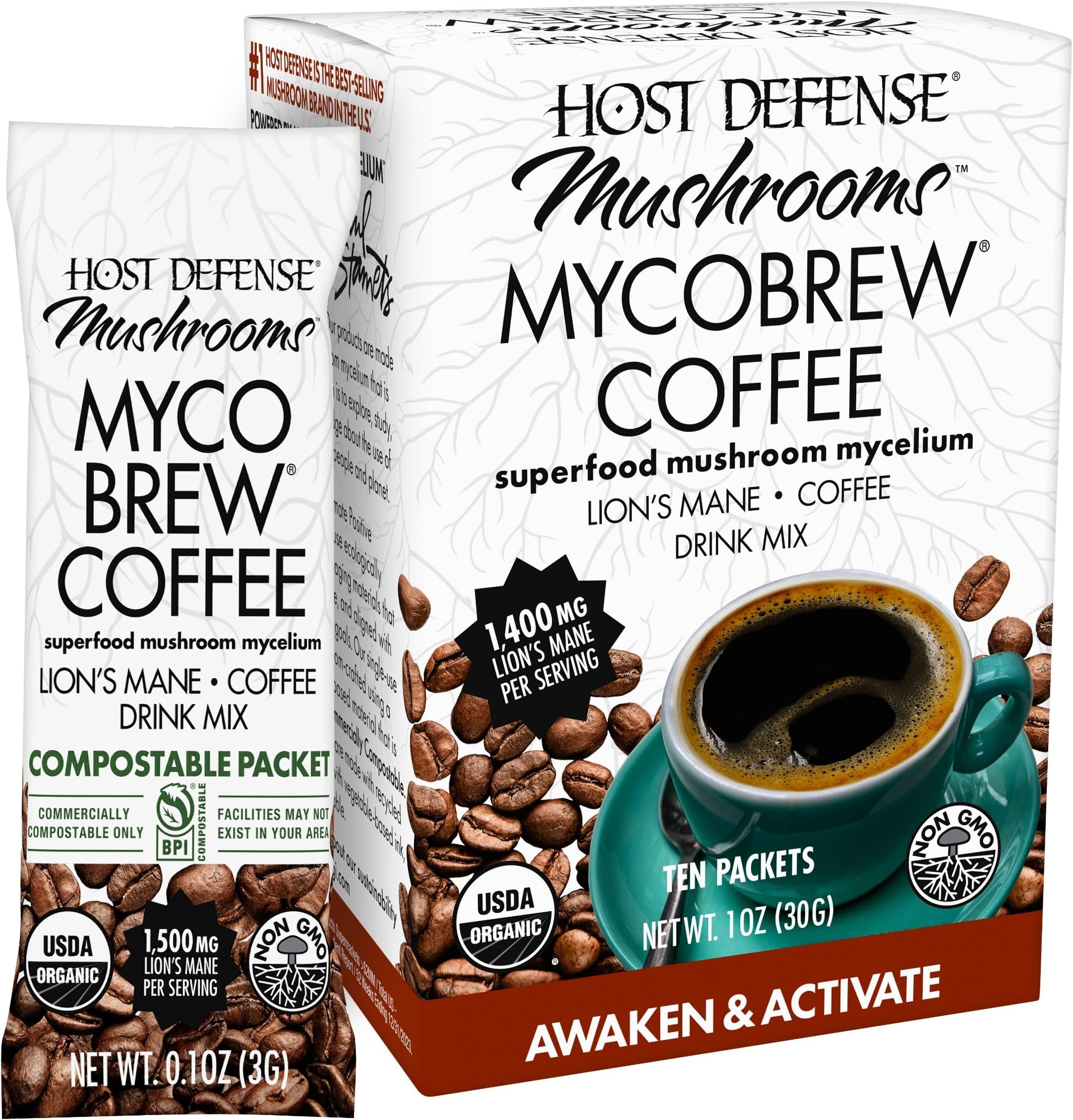 Host Defense MycoBrew Coffee - Instant Drink Mix - Includes Lion's Mushroom - Drink Mix with 100% Arabica Instant Coffee - Awaken and Activate, 10 Packets (10 Servings)