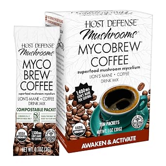Host Defense MycoBrew Coffee - Instant Drink Mix - Includes Lions Mushroom - Drink Mix with 100% Arabica Instant Coffee - Awaken and Activate, 10 Packets 10 Servings