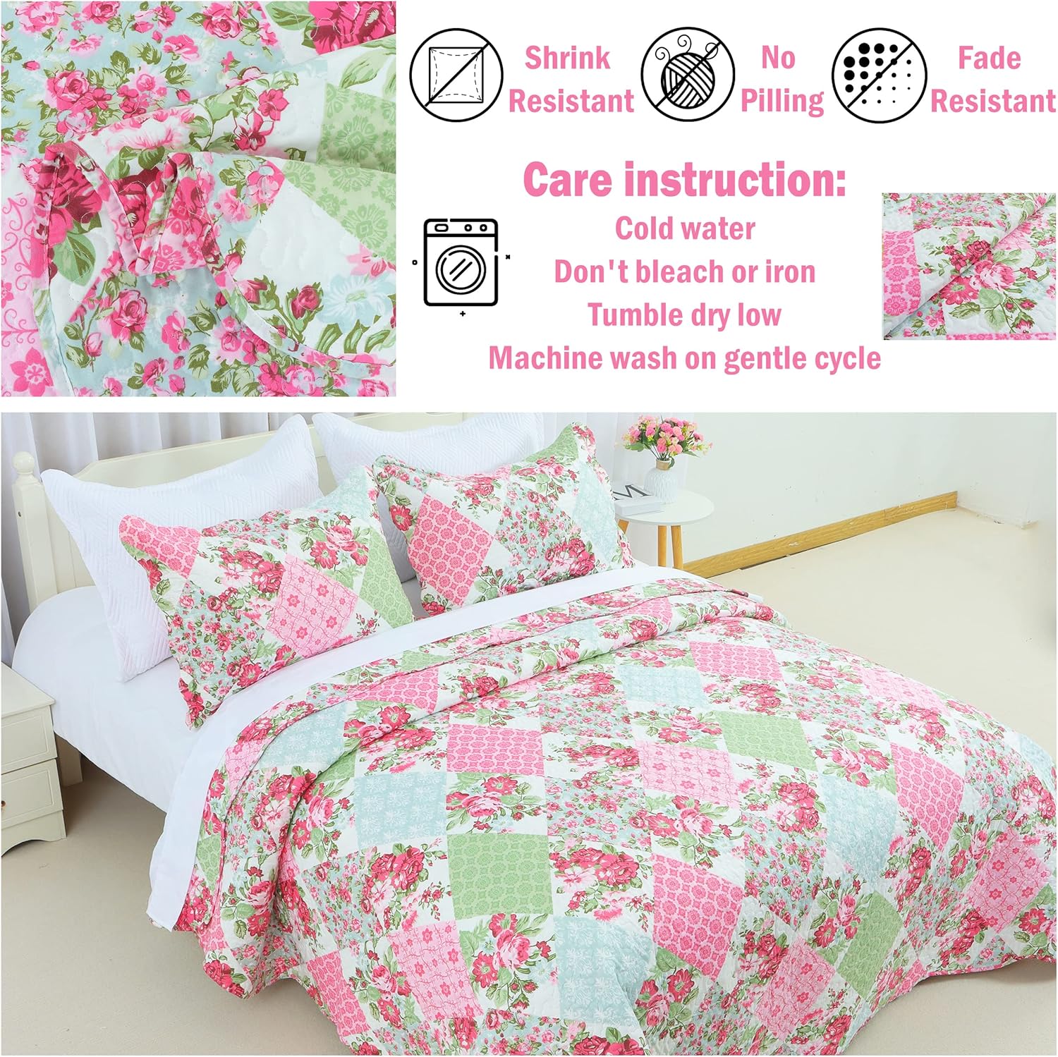 Cmfshape Summer Floral King Quilted Bedspread,Romantic Pink Quilt Set,Reversible Stitched Bedding Set All Season,Soft Lightweight Coverlet with Pillow Cases (Pink&Green, King102 x90) - Image 6