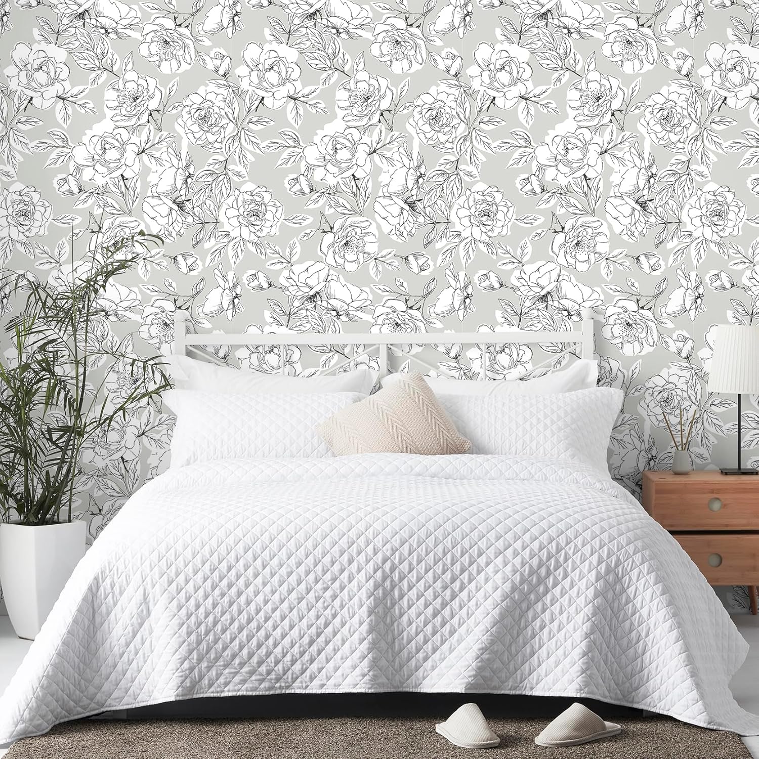 HAOKHOME Floral Wallpaper Peel and Stick Boho Flower Removable Wall Paper Grey/Black/White Vinyl Stick on Home Decorative for Bathroom 17.7in x 363in