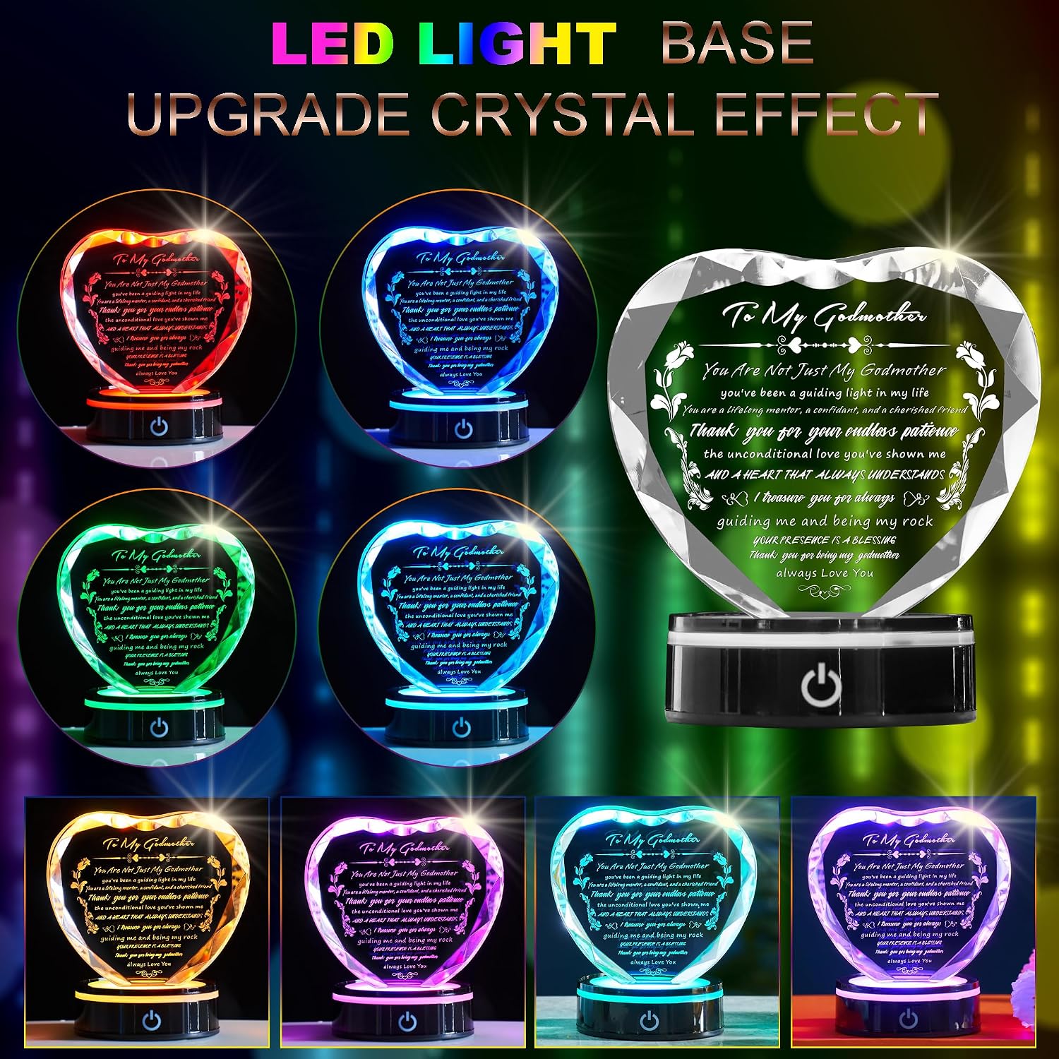 Gifts for Godmother with Colorful LED Base Heart Crystal Plaque Godmother Gift Idea from Goddaughter Godson for Mothers Day, Christmas, Birthday, Thanksgiving,Retirement image 2