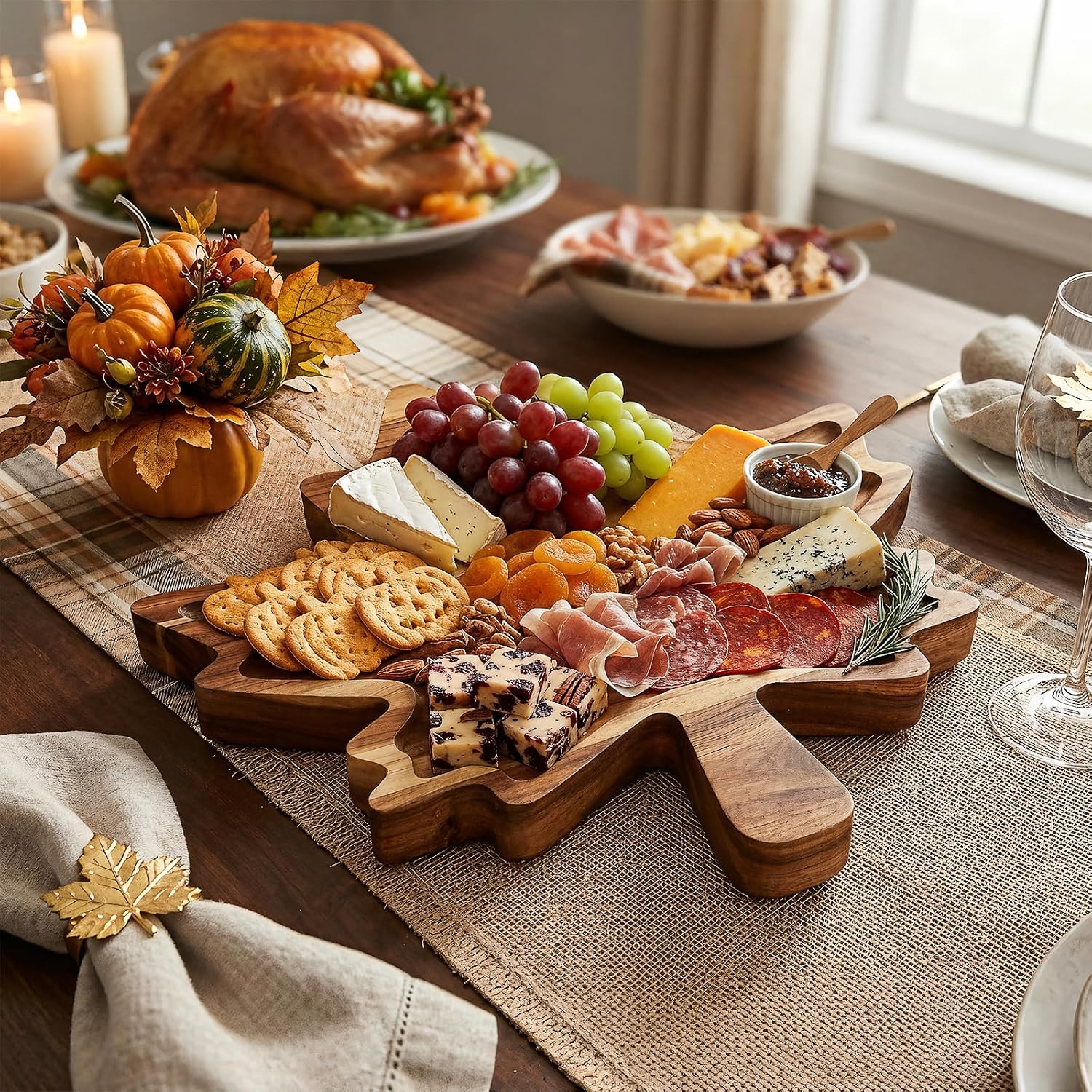 Maple Leaf charcuterie Board, Fall Acacia Wood Serving Tray