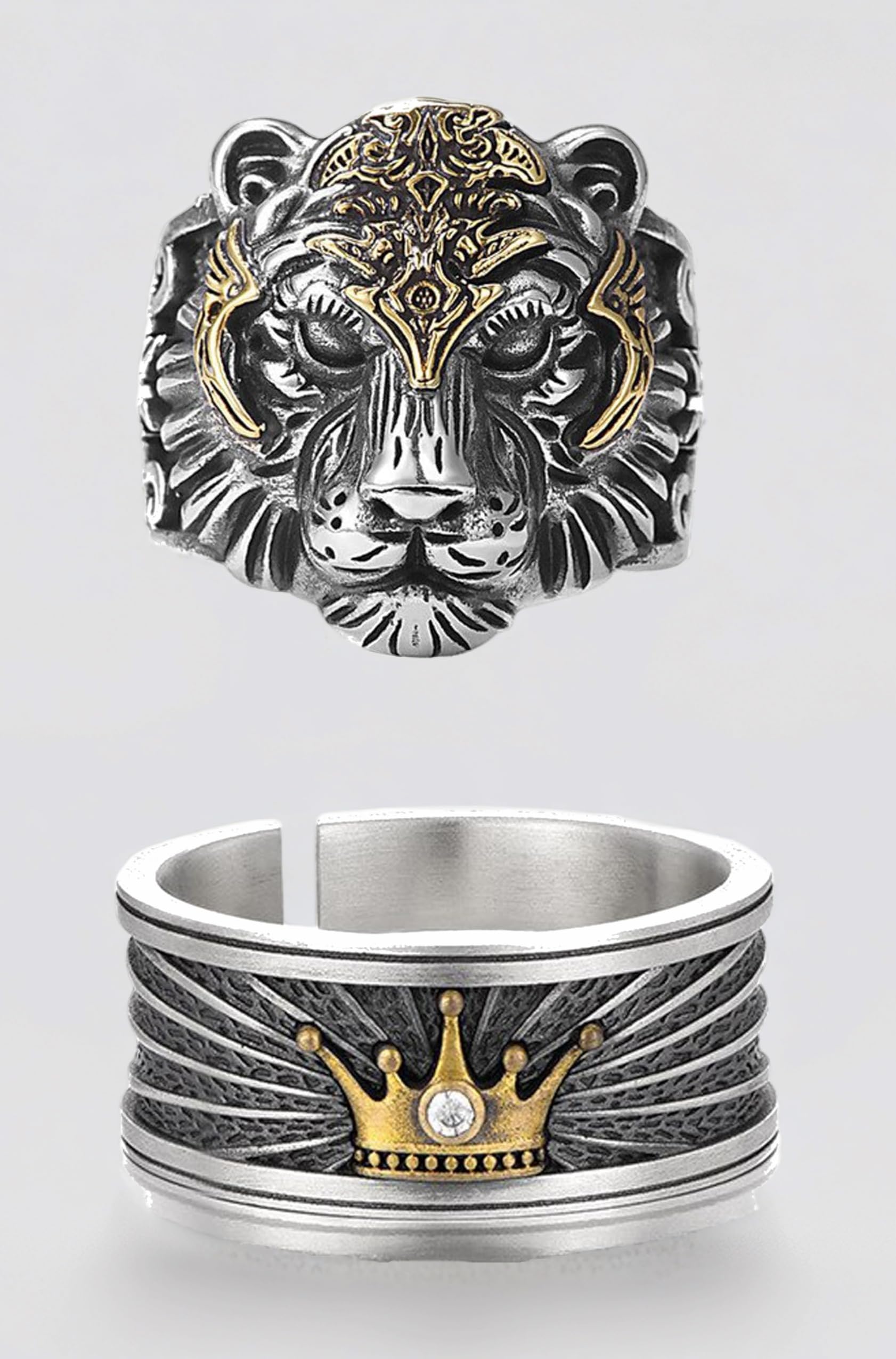 Stylish Silver Ring For Men Stainless Steel King Lion with Crown Adjutabel Silver Ring For Men Boys Love Gifts Finger Ring Mens Jewellery