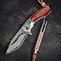 Vista 7 de Cuchillo de bolsillo plegable de acero de Damasco hecho a mano con funda de cuero, mango de palisandro con bloqueo de forro, cuchillos EDC de 3.1