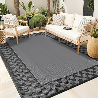 9x12 Outdoor Rug Waterproof Foldable Plastic Straw Carpet for Patio Porch Modern Checkered Reversible Mat Lightweight Floor Mat for Picnic, Backyard, Rv, Beach, Deck, Camper, Balcony, Grey