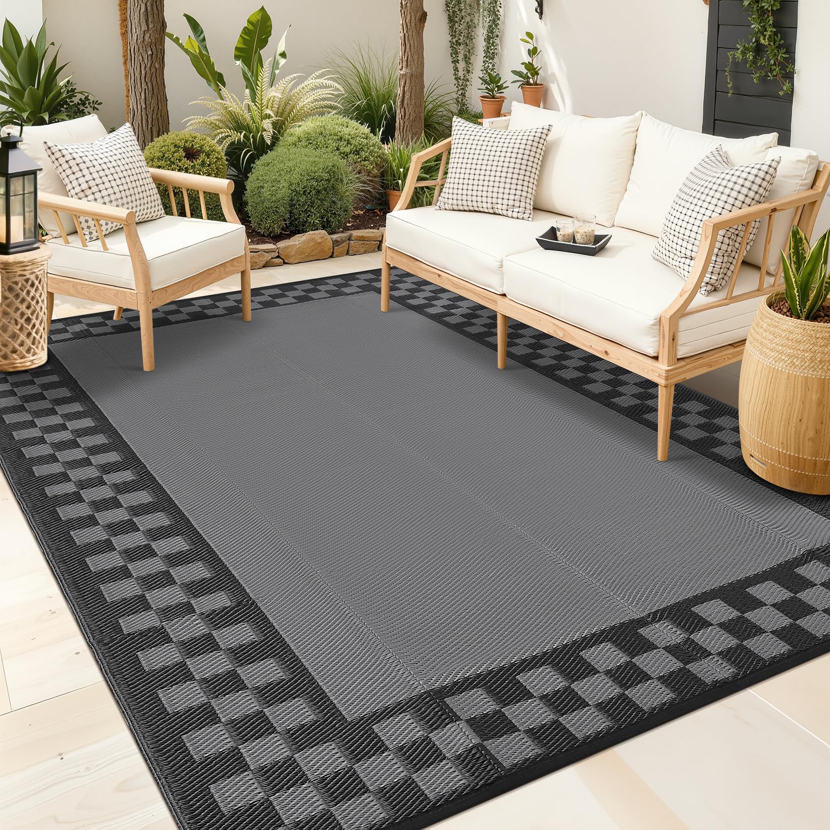 9x12 Outdoor Rug Waterproof Foldable Plastic Straw Carpet for Patio Porch Modern Checkered Reversible Mat Lightweight Floor Mat for Picnic, Backyard,