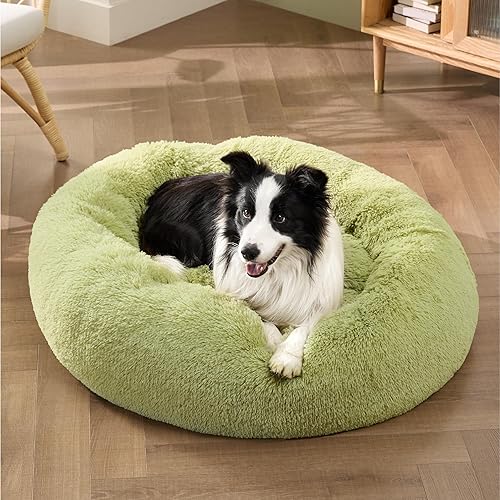 Vista 48 de Bedsure - Cama relajante para perros medianos, lavable, tipo dona, cama para gato, antideslizante, redonda, afelpada, mullida, de piel sintética