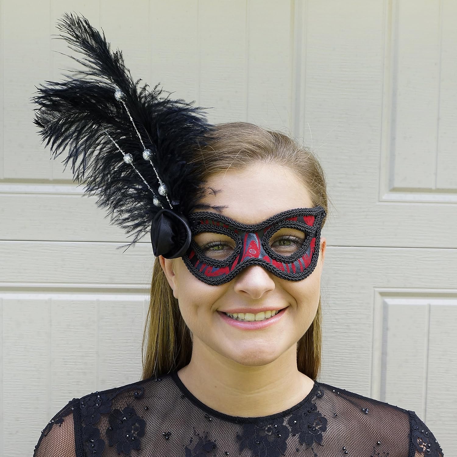 ZUCKER Black and Red Masquerade Mask - Venetian Style Feather Costume Party Accessory