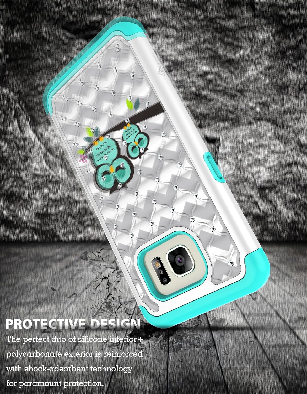 Style4U S7 Edge Case, Galaxy S7 Edge Case, Cute Owl Studded Rhinestone Crystal Bling Hybrid Armor Case Cover for Samsung Galaxy S7 Edge with 1 Stylus [White/Teal]