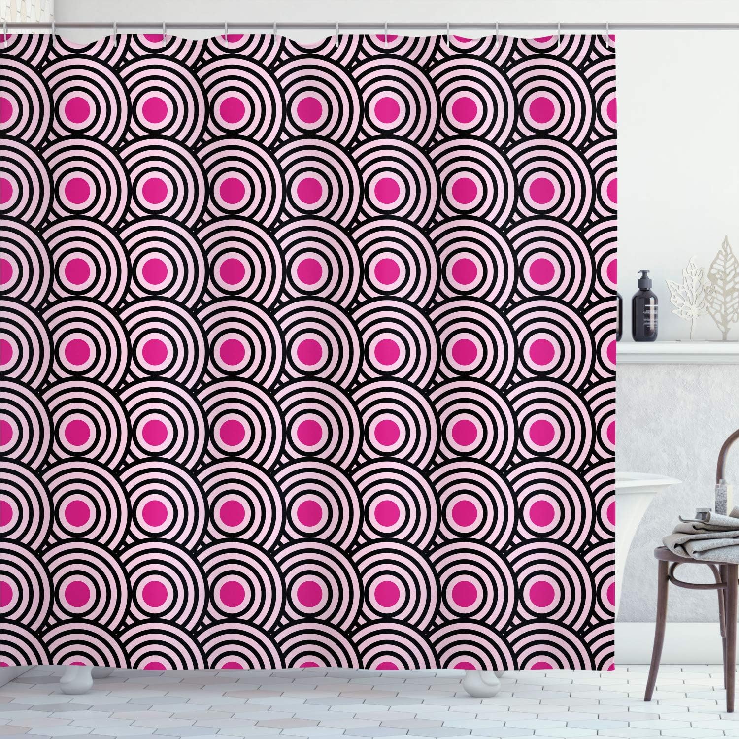 Ambesonne Modern Art Shower Curtain, New Age Retro Minimalist Concentric Spiral Vortex Abstract Work of Art, Cloth Fabric Bathroom Decor Set with Hooks, 70" Long, Army Green