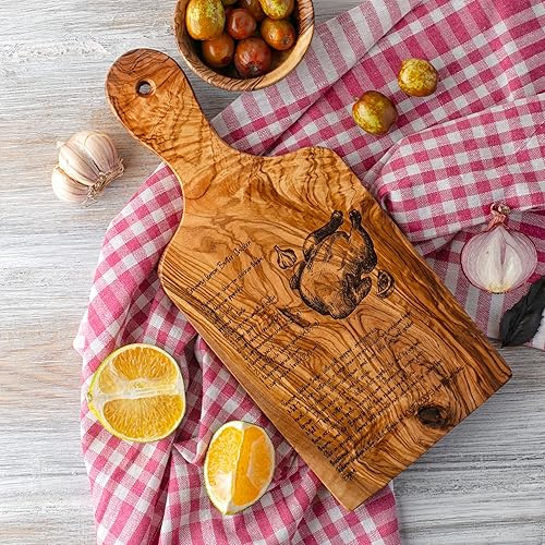 Miniatura 9 de Tabla de charcutería de madera de olivo con asa, tabla de queso de receta hecha a mano, tablero grabado de recetas personalizadas, regalo perfecto