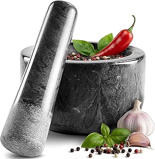 Mörser mit Stößel Marmor Ø 14 cm - Perfekt geeignet für Gewürze, Kräuter & Nüsse - Steinmörser Set mit praktischem Antirutsch-Pad - Design Marmor Mörser & Stößel groß