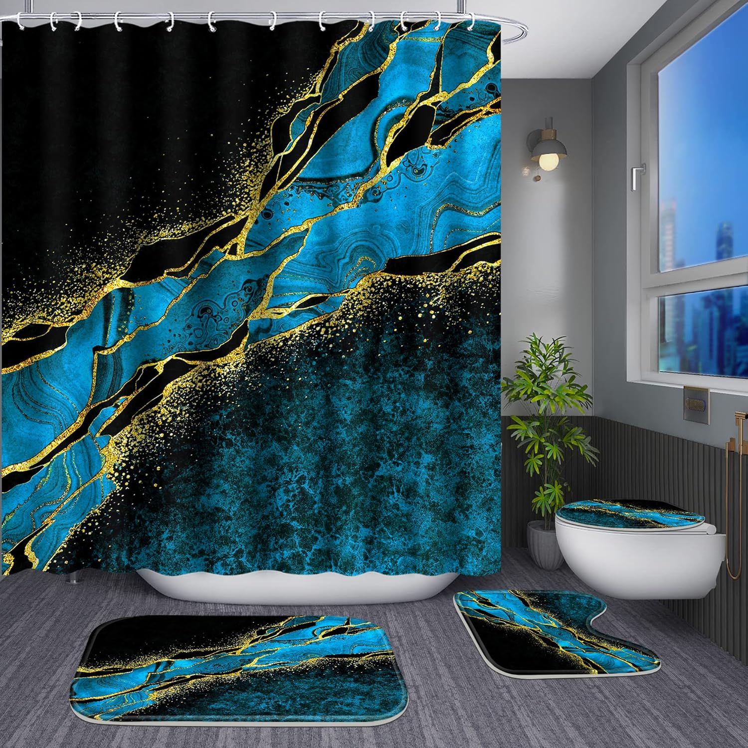 Poedist 4 Pcs Gold Edge Marble Bathroom Shower Curtain Set, Bathroom Sets with Shower Curtain and Rugs(Bath Mat,U Shape and Toilet Lid Cover Mat) and 12 Hooks-Sky Blue