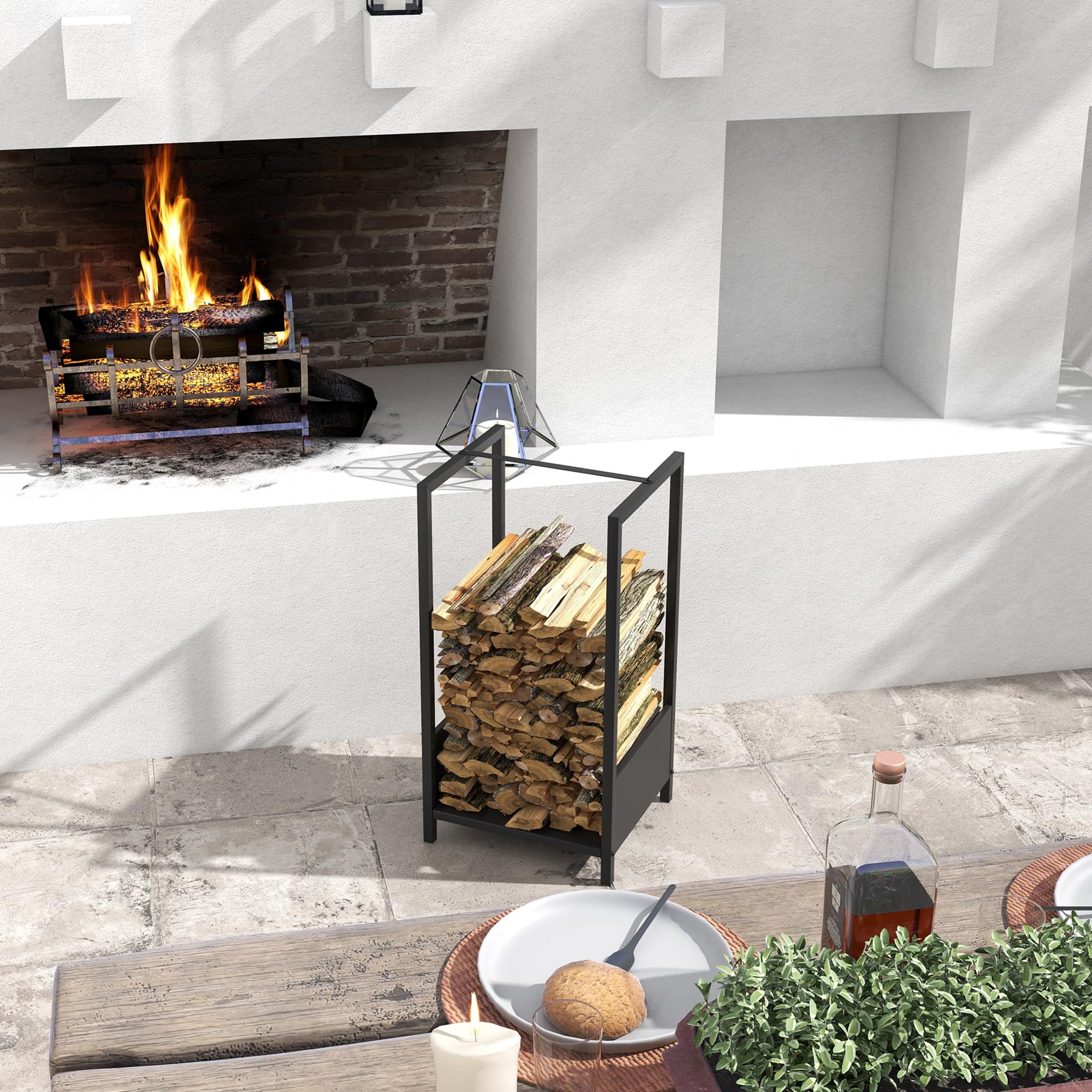 Outsunny Estantería para leña de chimenea, estantería para leña, soporte para leña, soporte para leña, para jardín, balcón, acero, color negro, 39 x 35 x 76 cm
