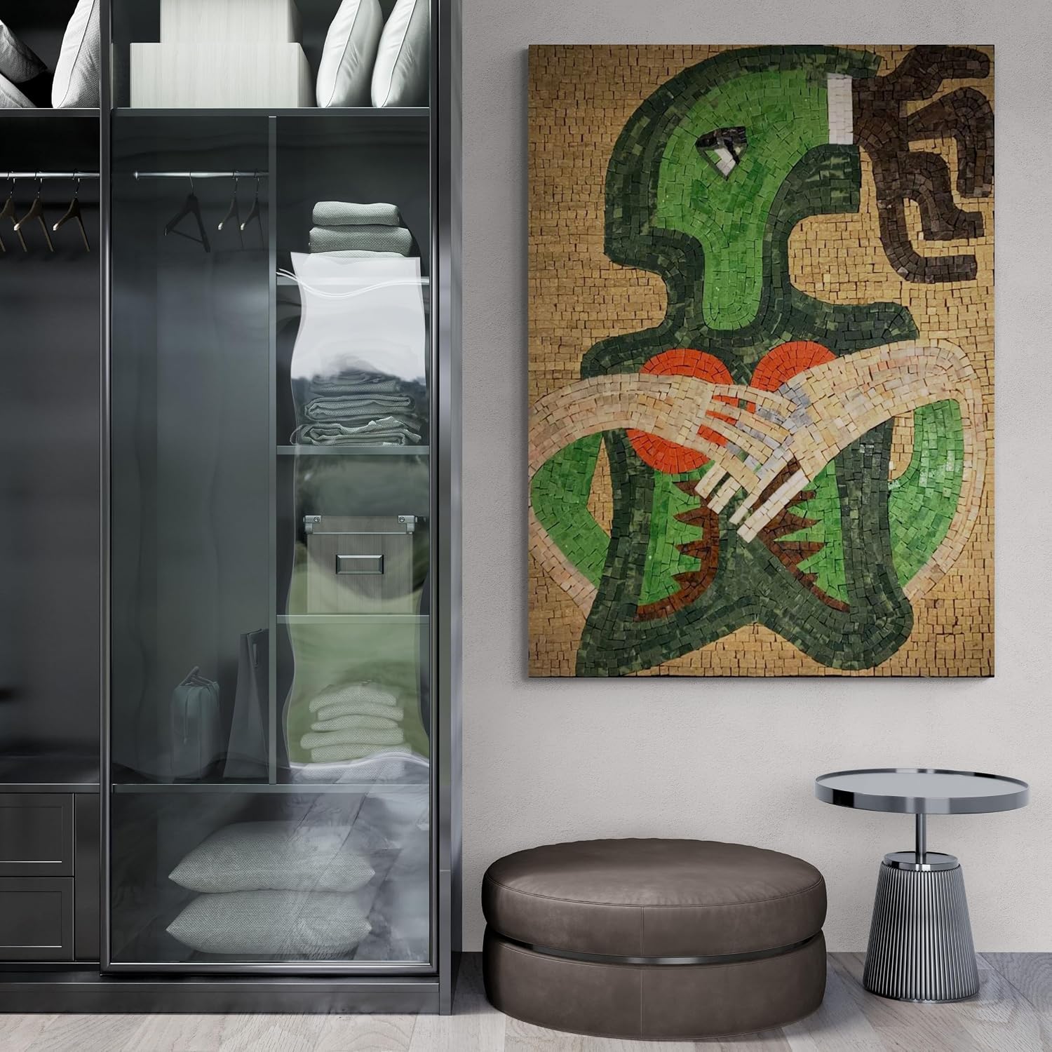 Handmade Abstract Figure Marble Mosaic Wall Art, Green Tone Natural Stone Mosaic Tile mural, Hand-Cut Contemporary Wall Décor
