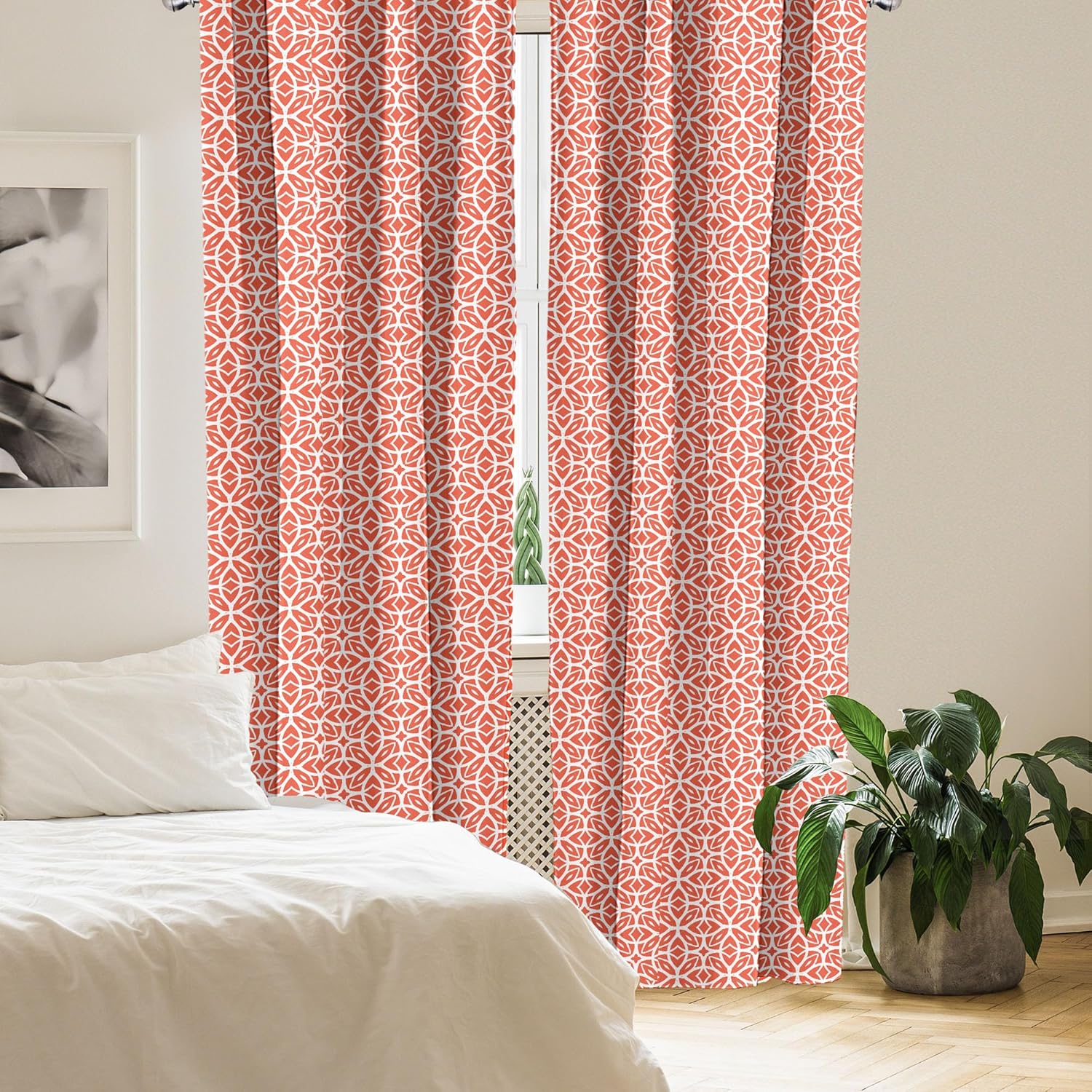 Ambesonne Art Deco Curtains, Lace Inspired Endless Design of 4 Leaf Flower Abstract Floral Pattern, Window Treatments 2 Panel Set for Living Room Bedroom, Pair of - 28" x 84", Coral White