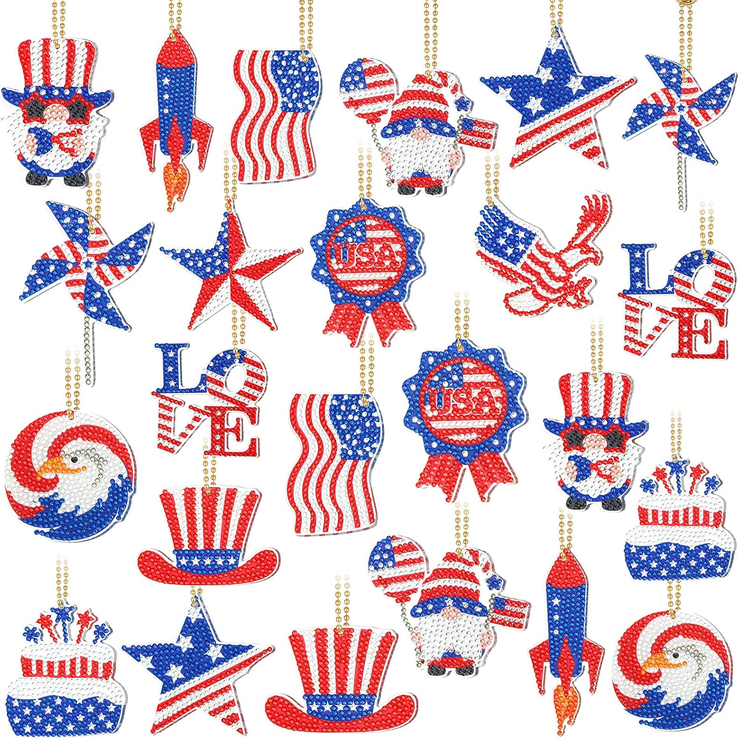 Estune 28 Pcs 4th of July Diamond Painting Keychains 250th Independence Day Memorial Day American Flag Patriotic Diamond Keychain Kits Red Blue White Art Ornaments Double Sided for Adults Craft