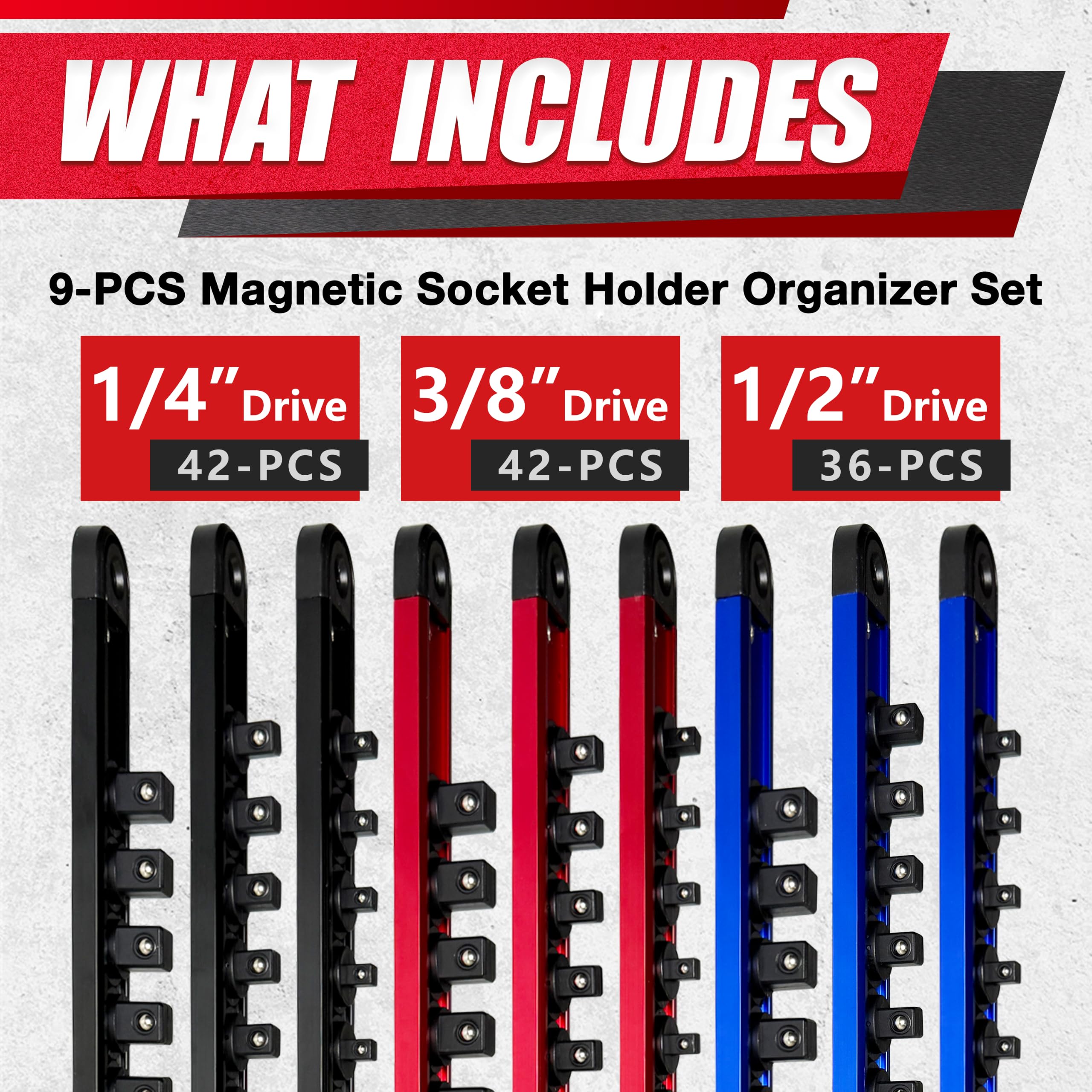 EACELIY Set di 9 supporti magnetici da 1/4, 3/8, 1/2, in ABS, per cassetta degli attrezzi, carrello degli attrezzi, organizzazione garage, contiene 120 prese di dimensioni