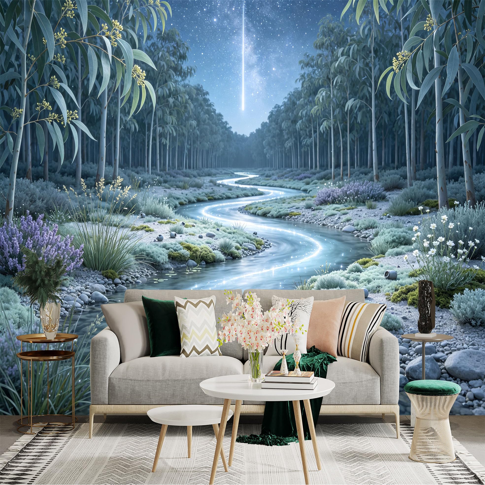 Lnzczhyre Bh260719777 Custom Size Wall Sticker Mural， Enchanted Flowing River， Serene Forest Landscape， Ethereal Glowing Night， For Wall Decoration， Peelandstick Wall Decals.