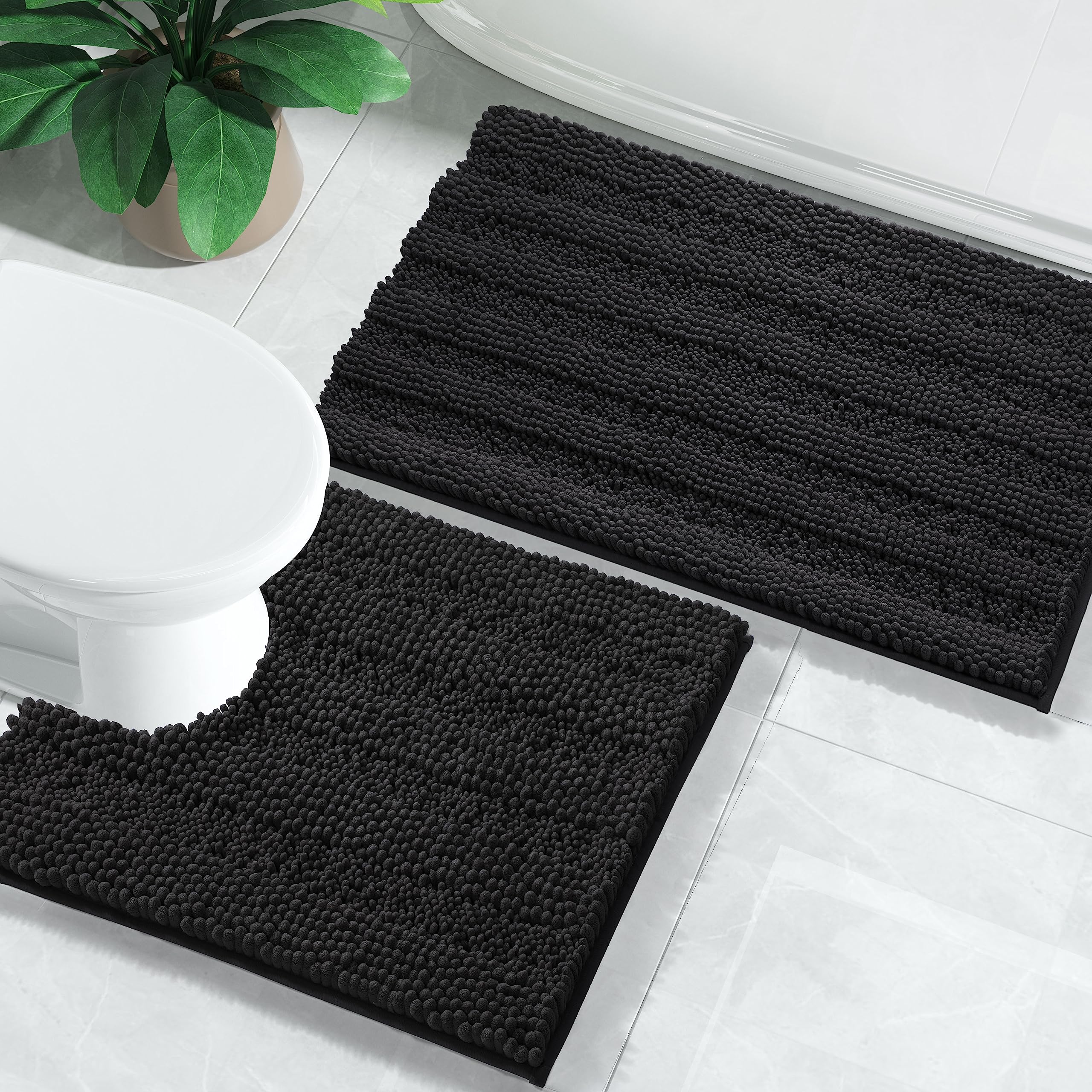 Yimobra Luxury Chenille Bathroom Rugs Sets 2 Piece, Extra Thick Non Slip Quick Dry U Shaped Toilet Bath Mat, Fluffy Shaggy Microfiber Absorbent Machine Washable (Black, 17" x 24"+20" x 24.4".4")