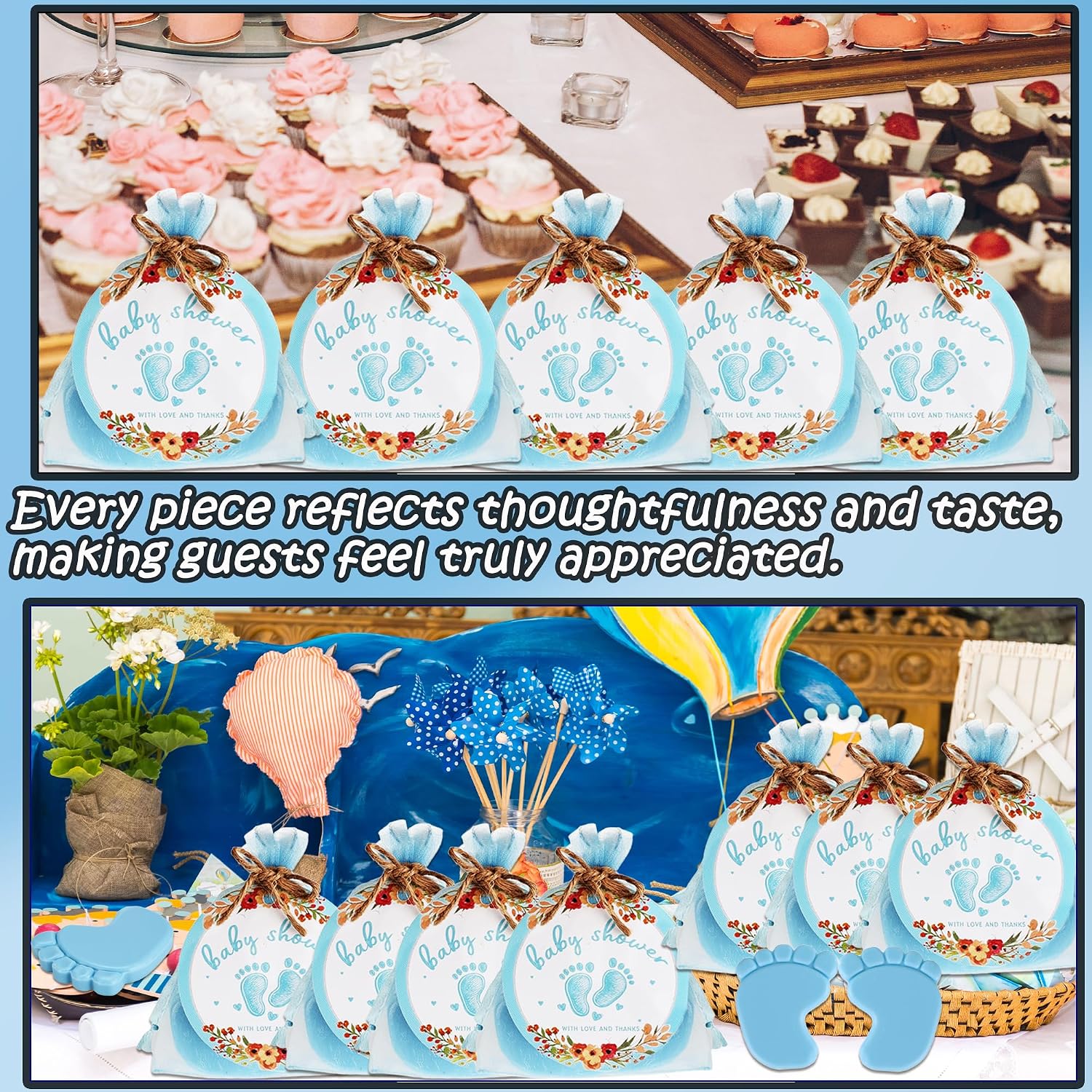 60 Sets Baby Shower Soap Favors Mini Blue Baby Feet Scented Soap Gift Bag with Thanks Cards Organza Bags for Guests Gender Reveal Baby Shower Party Favors