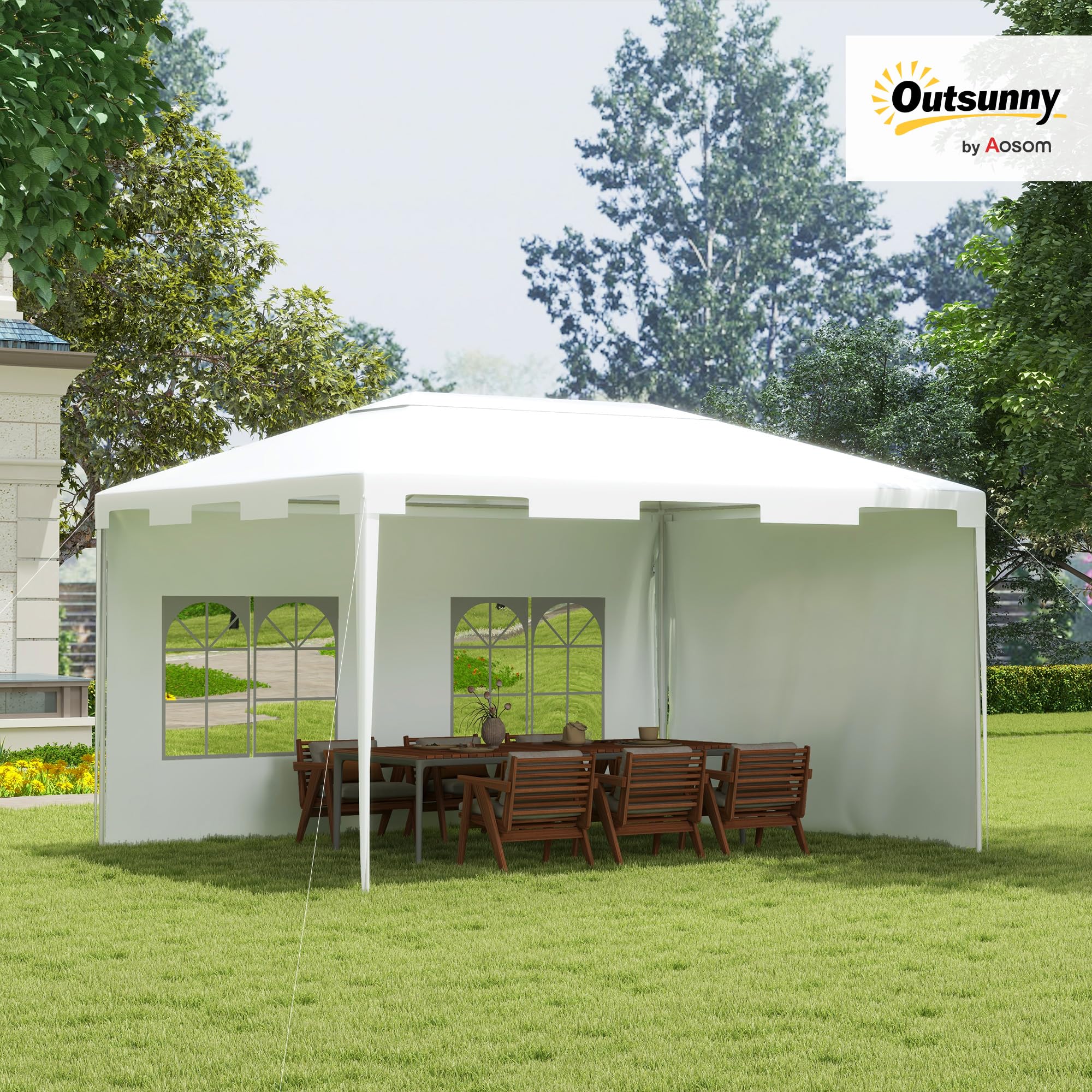 Outsunny Tonnelle de jardin 3 x 4 m avec 2 parois latérales pour terrasse, cour extérieure – Blanc